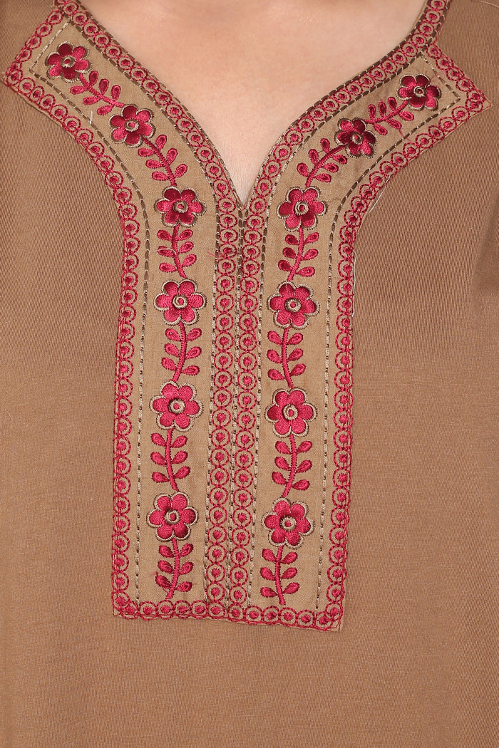 Women's Hosiery Brown Plain Maxi Nightgown with Embroidery Neck