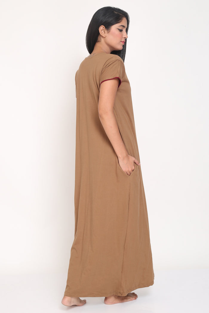Women's Hosiery Brown Plain Maxi Nightgown with Embroidery Neck