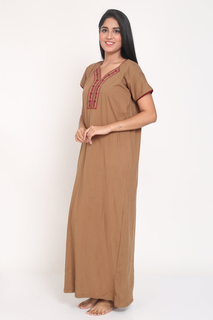 Women's Hosiery Brown Plain Maxi Nightgown with Embroidery Neck
