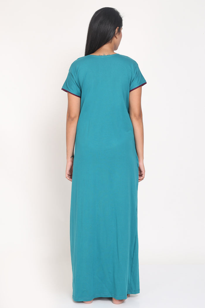 Women's Hosiery Cyan Plain Maxi Nightgown with Embroidery Neck
