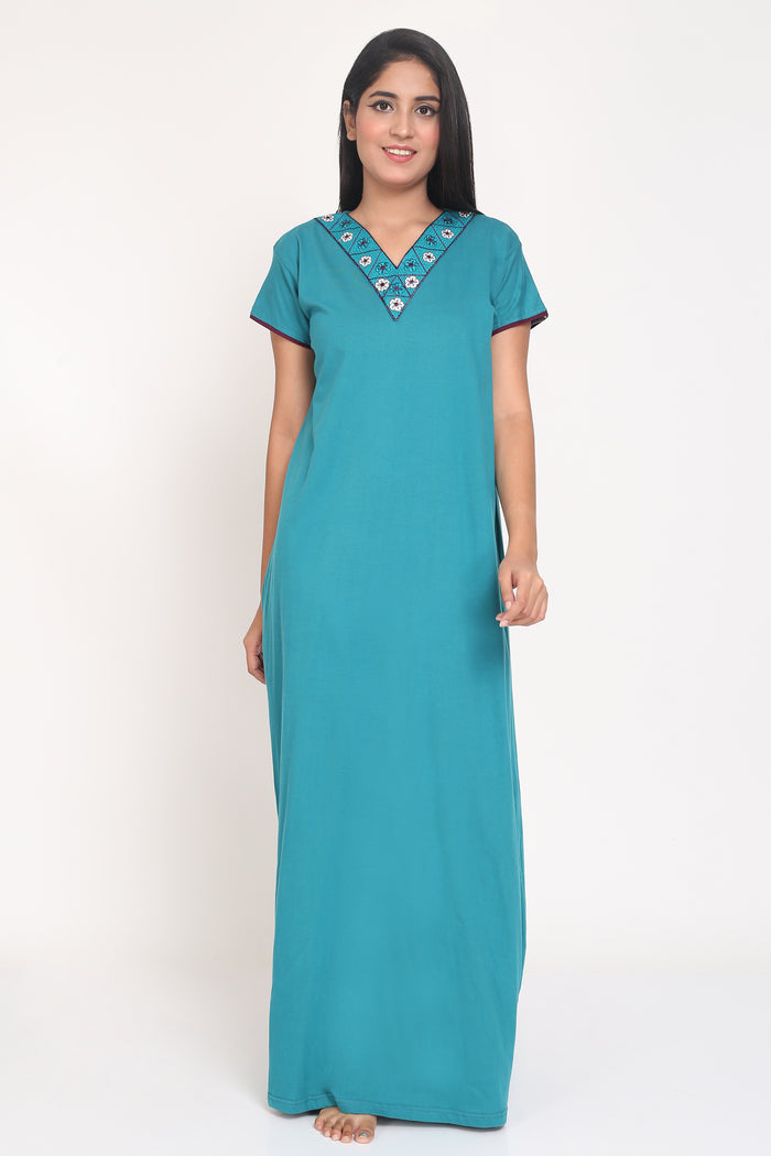 Women's Hosiery Cyan Plain Maxi Nightgown with Embroidery Neck