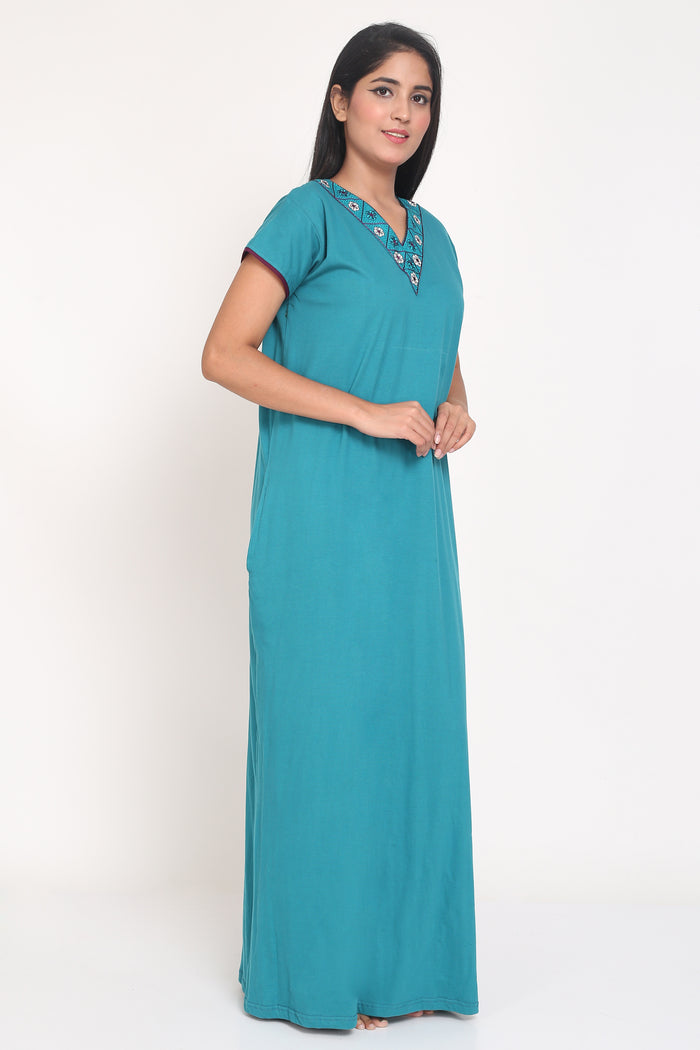 Women's Hosiery Cyan Plain Maxi Nightgown with Embroidery Neck