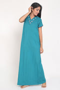 Women's Hosiery Cyan Plain Maxi Nightgown with Embroidery Neck