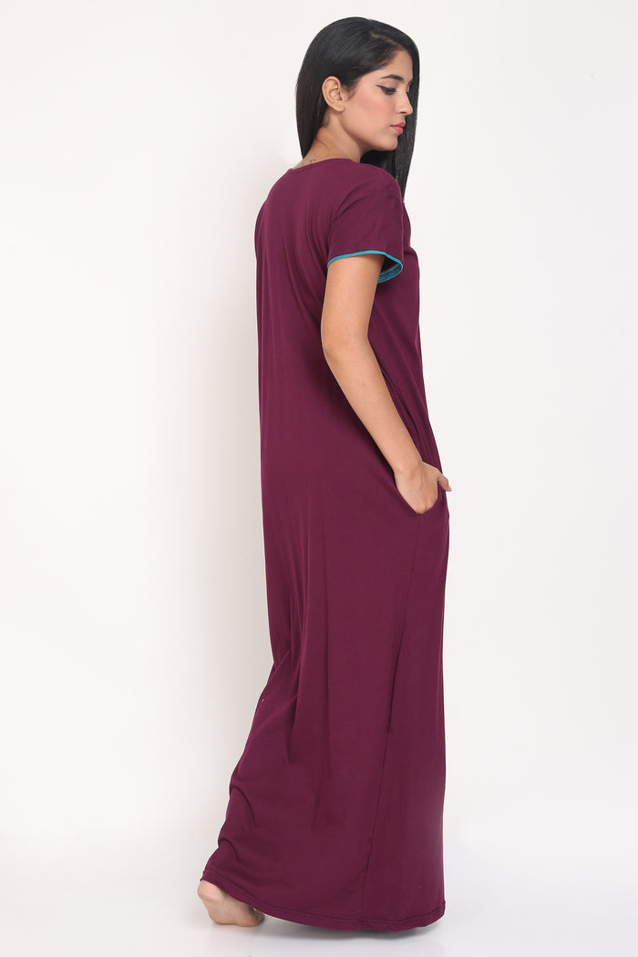 Women's Hosiery Purple Plain Maxi Nightgown with Embroidery Neck