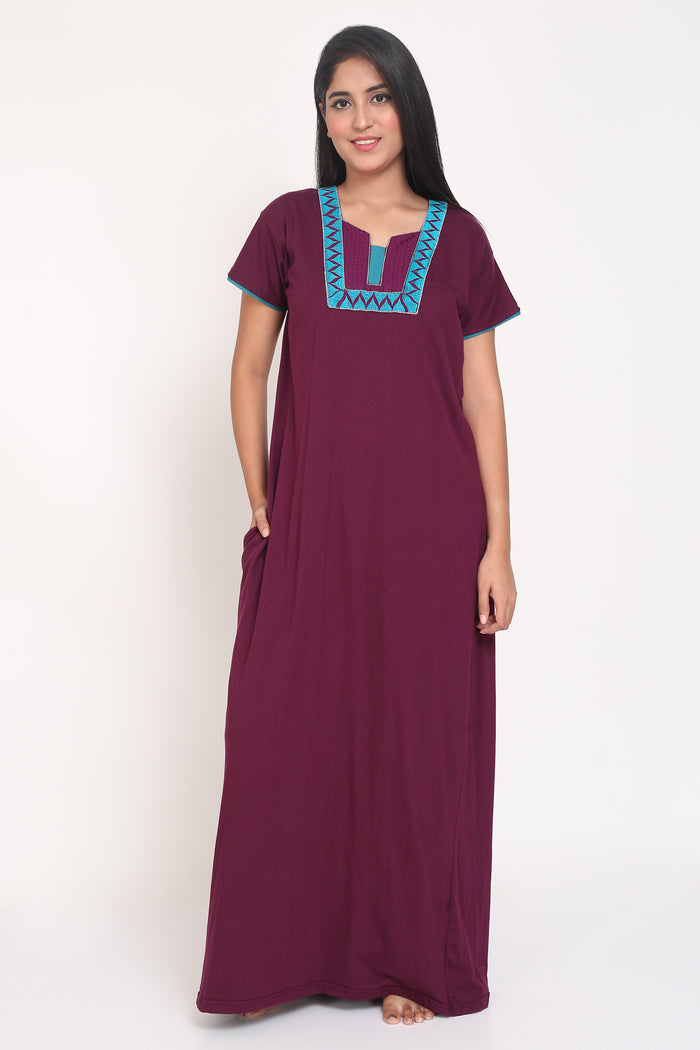 Women's Hosiery Purple Plain Maxi Nightgown with Embroidery Neck