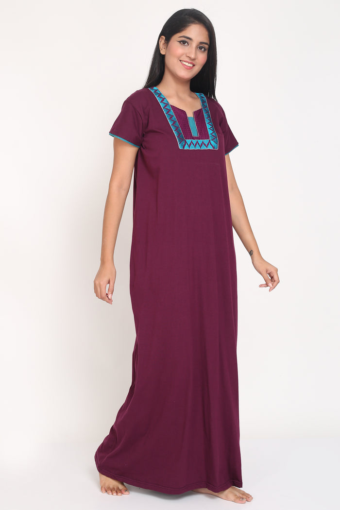 Women's Hosiery Purple Plain Maxi Nightgown with Embroidery Neck