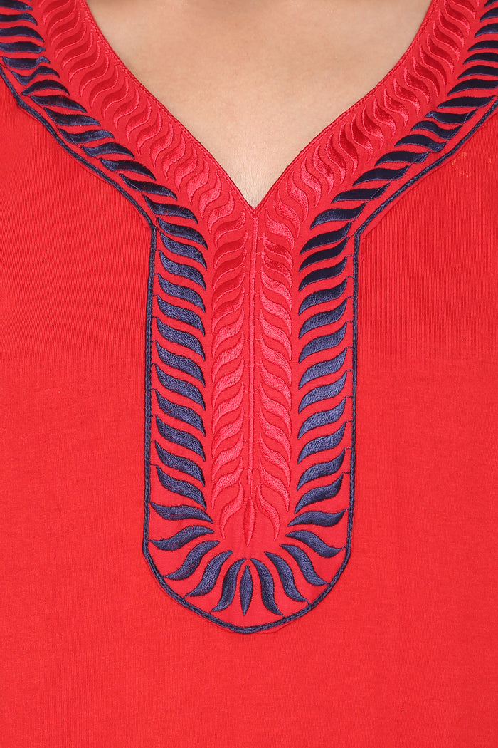 Women's Hosiery Red Plain Maxi Nightgown with Embroidery Neck