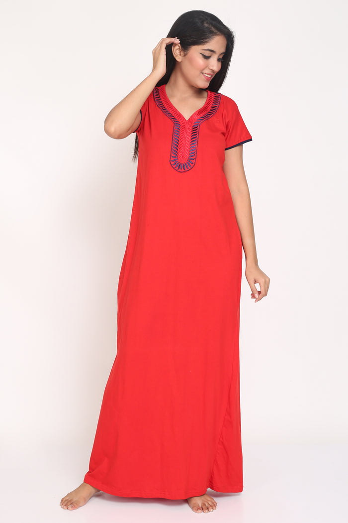 Women's Hosiery Red Plain Maxi Nightgown with Embroidery Neck
