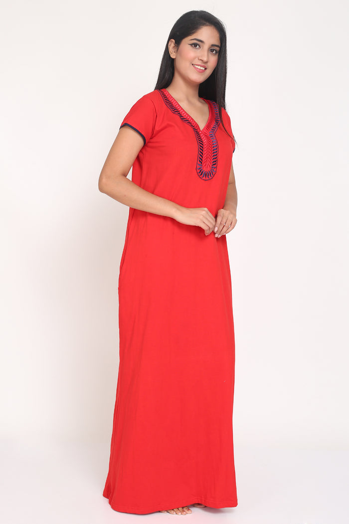 Women's Hosiery Red Plain Maxi Nightgown with Embroidery Neck