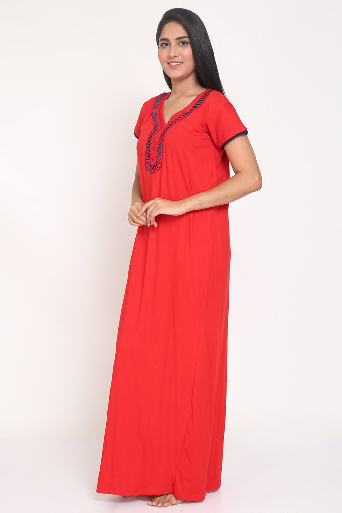 Women's Hosiery Red Plain Maxi Nightgown with Embroidery Neck