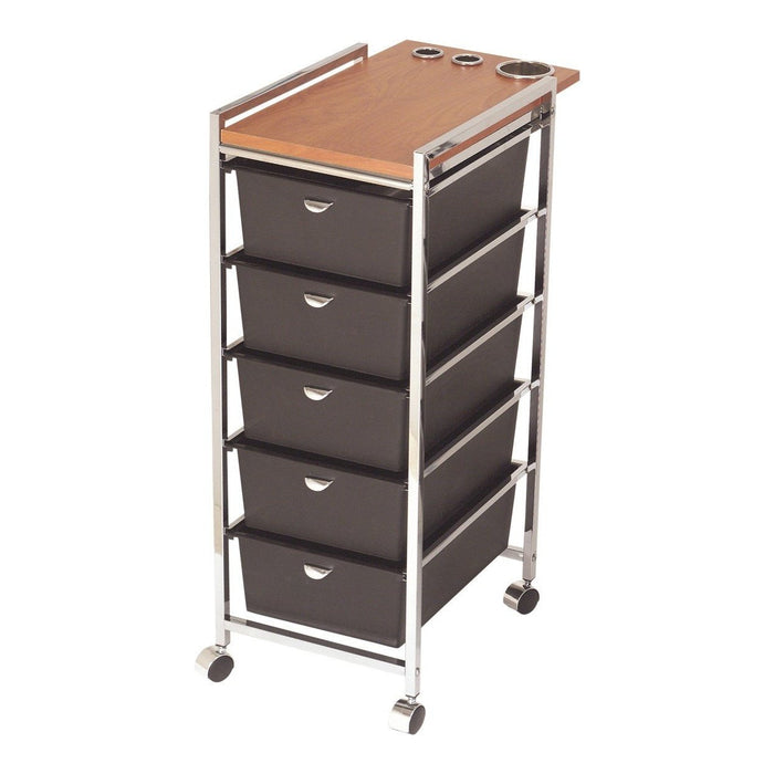 Pibbs Wood Top Utility Cart: 4 black drawers, metal frame, and wheels.