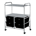 The Pibbs Work Cart Black is a metal utility cart with two shelves and four storage drawers on wheels.