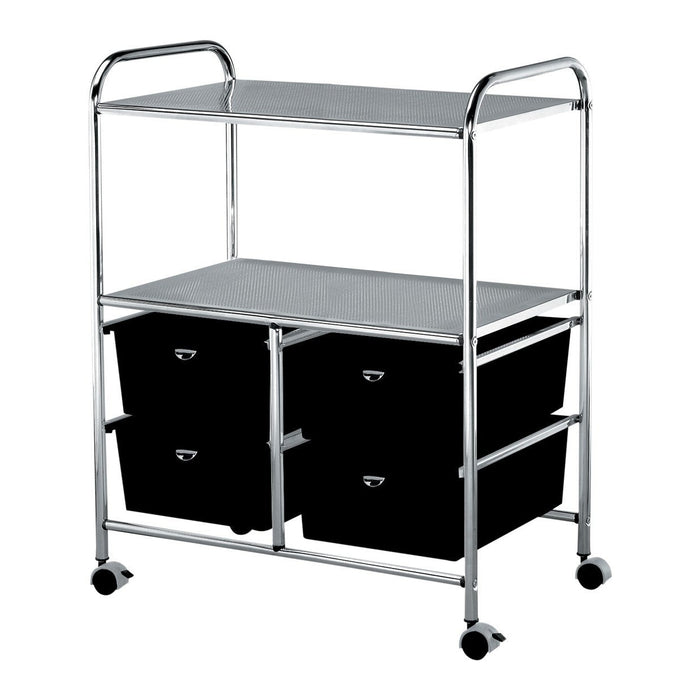 The Pibbs Work Cart Black is a metal utility cart with two shelves and four storage drawers on wheels.