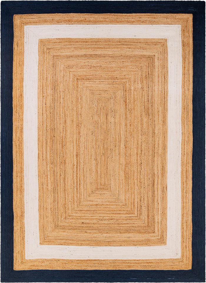 Woven Seaside Jute Collection Area Rug - Nantucket Rectangle Navy Blue White Natural  lifestyle 2