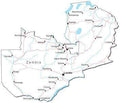 Zambia Black & White Map with Capital, Major Cities, Roads, and Water Features